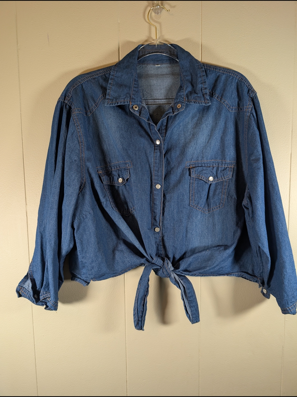 Zara Trafaluc Denim Tie Front Chambray Button Up Shirt Women's XL Cropped Wester